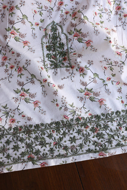 Baby Pink Floral Cotton Kurta Fabric with Chikankari & Sequin Work