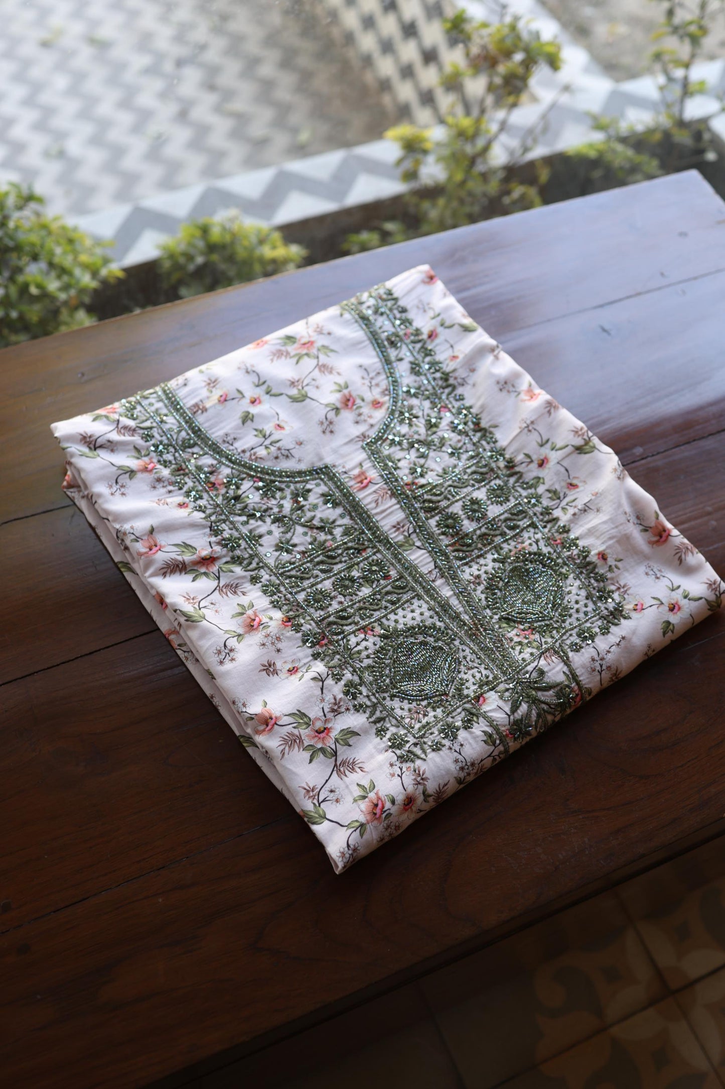 Baby Pink Floral Cotton Kurta Fabric with Chikankari & Sequin Work