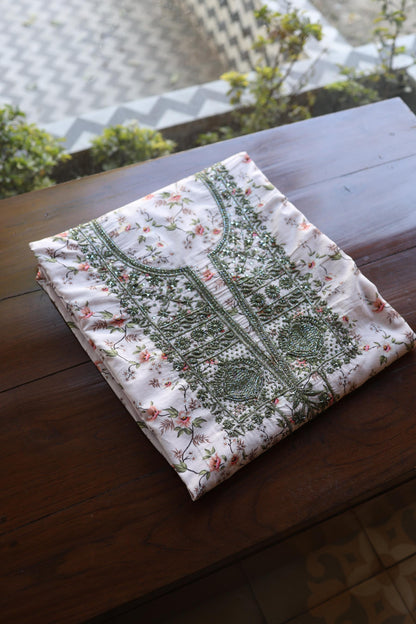 Baby Pink Floral Cotton Kurta Fabric with Chikankari & Sequin Work