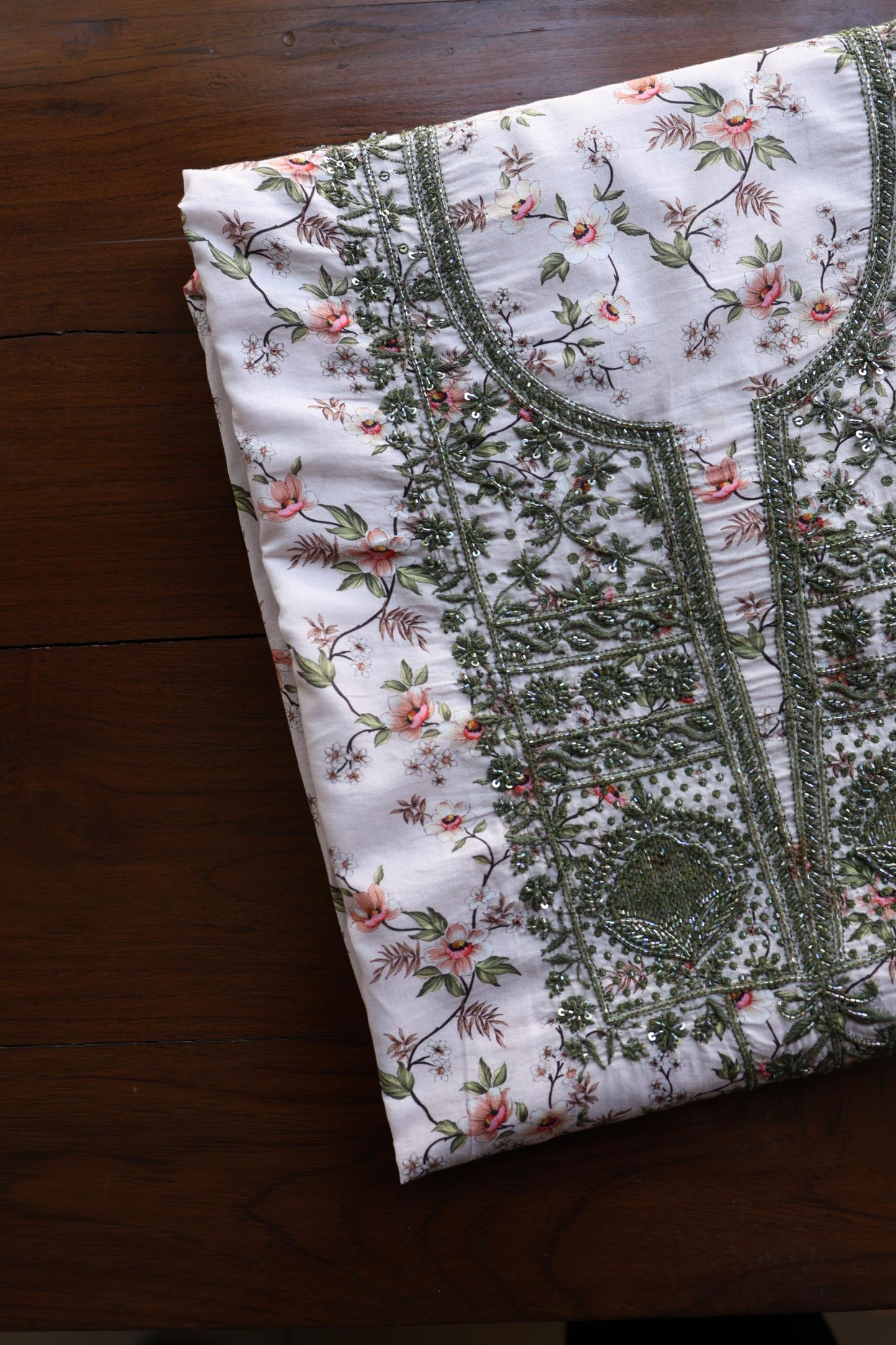 Baby Pink Floral Cotton Kurta Fabric with Chikankari & Sequin Work