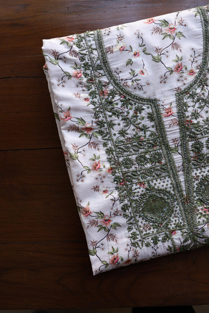 Baby Pink Floral Cotton Kurta Fabric with Chikankari & Sequin Work