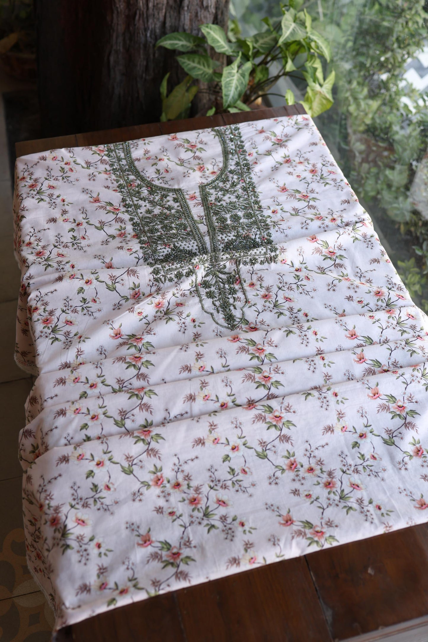 Baby Pink Floral Cotton Kurta Fabric with Chikankari & Sequin Work