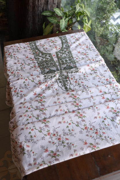 Baby Pink Floral Cotton Kurta Fabric with Chikankari & Sequin Work