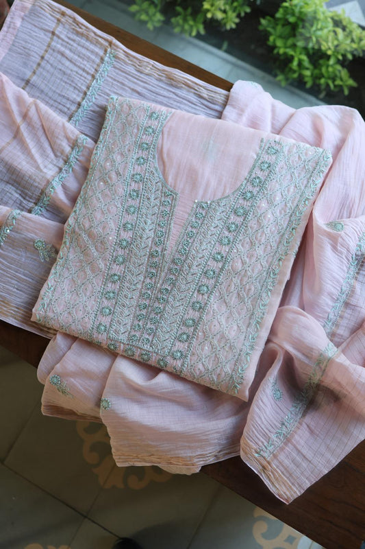Baby Pink Mal Chanderi Silk Chikankari With Sequins Unstitched Kurta Dupatta Set