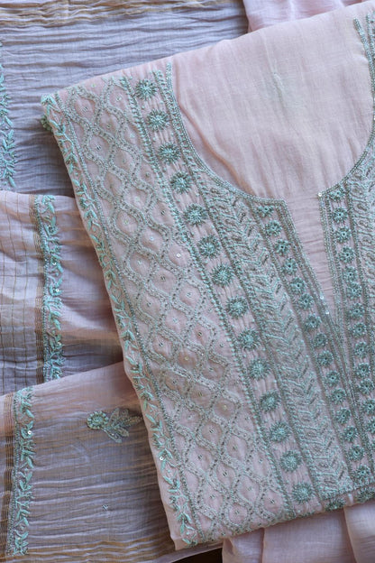 Baby Pink Mal Chanderi Silk Chikankari With Sequins Unstitched Kurta Dupatta Set