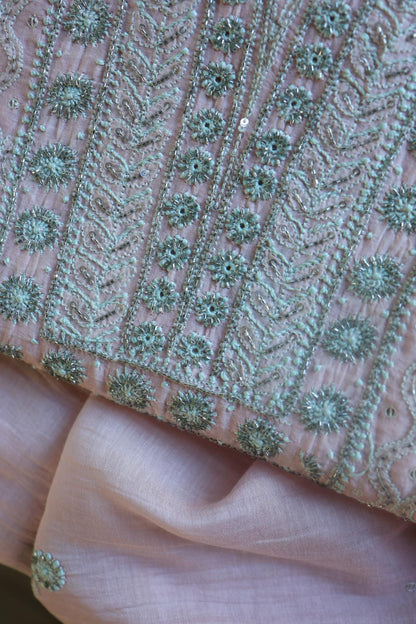 Baby Pink Mal Chanderi Silk Chikankari With Sequins Unstitched Kurta Dupatta Set