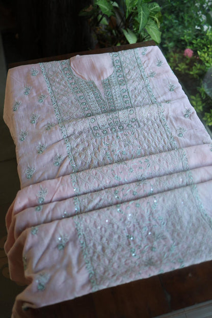 Baby Pink Mal Chanderi Silk Chikankari With Sequins Unstitched Kurta Dupatta Set