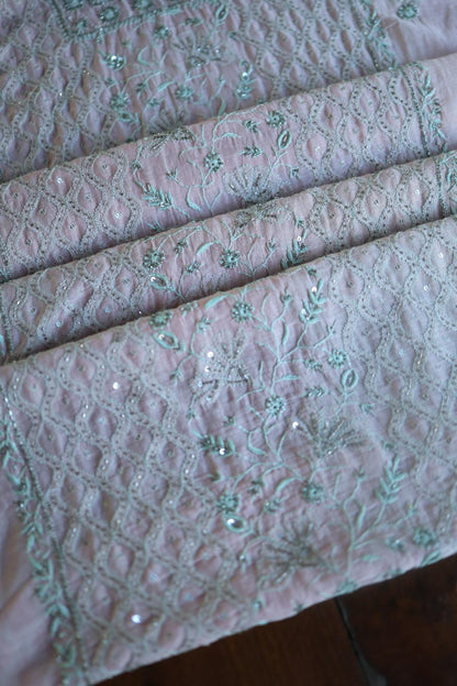 Baby Pink Mal Chanderi Silk Chikankari With Sequins Unstitched Kurta Dupatta Set