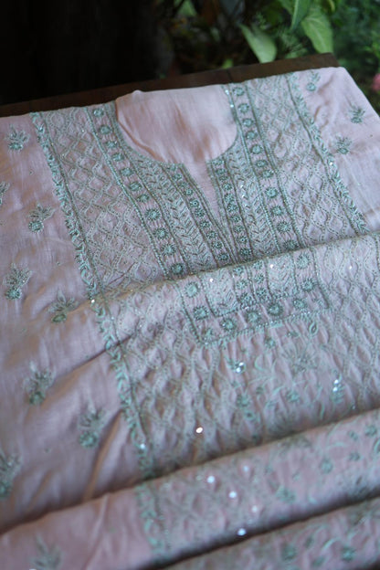 Baby Pink Mal Chanderi Silk Chikankari With Sequins Unstitched Kurta Dupatta Set
