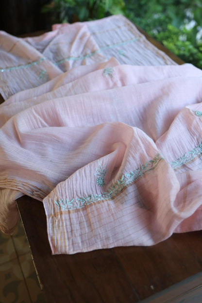 Baby Pink Mal Chanderi Silk Chikankari With Sequins Unstitched Kurta Dupatta Set