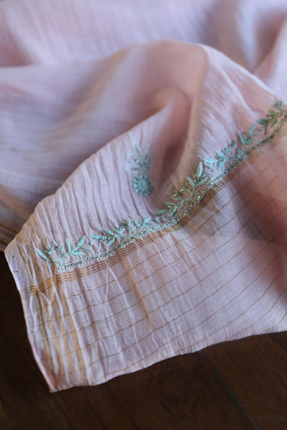 Baby Pink Mal Chanderi Silk Chikankari With Sequins Unstitched Kurta Dupatta Set