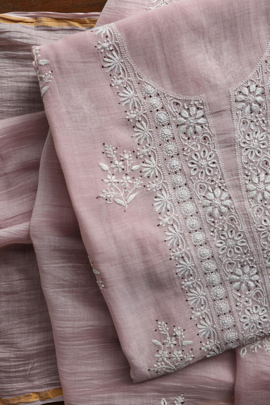 Baby Pink Mal Cotton Chikankari Unstitched Fabrics With Kamdani
