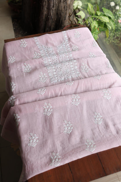 Baby Pink Mal Cotton Chikankari Unstitched Fabrics With Kamdani