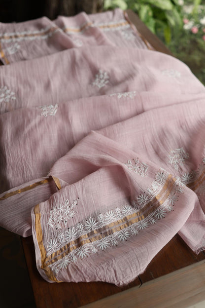 Baby Pink Mal Cotton Chikankari Unstitched Fabrics With Kamdani