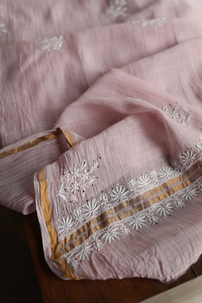 Baby Pink Mal Cotton Chikankari Unstitched Fabrics With Kamdani