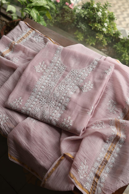 Baby Pink Mal Cotton Chikankari Unstitched Fabrics With Kamdani