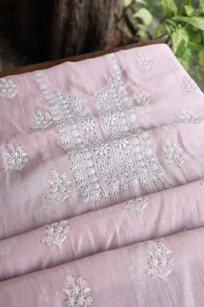 Baby Pink Mal Cotton Chikankari Unstitched Fabrics With Kamdani