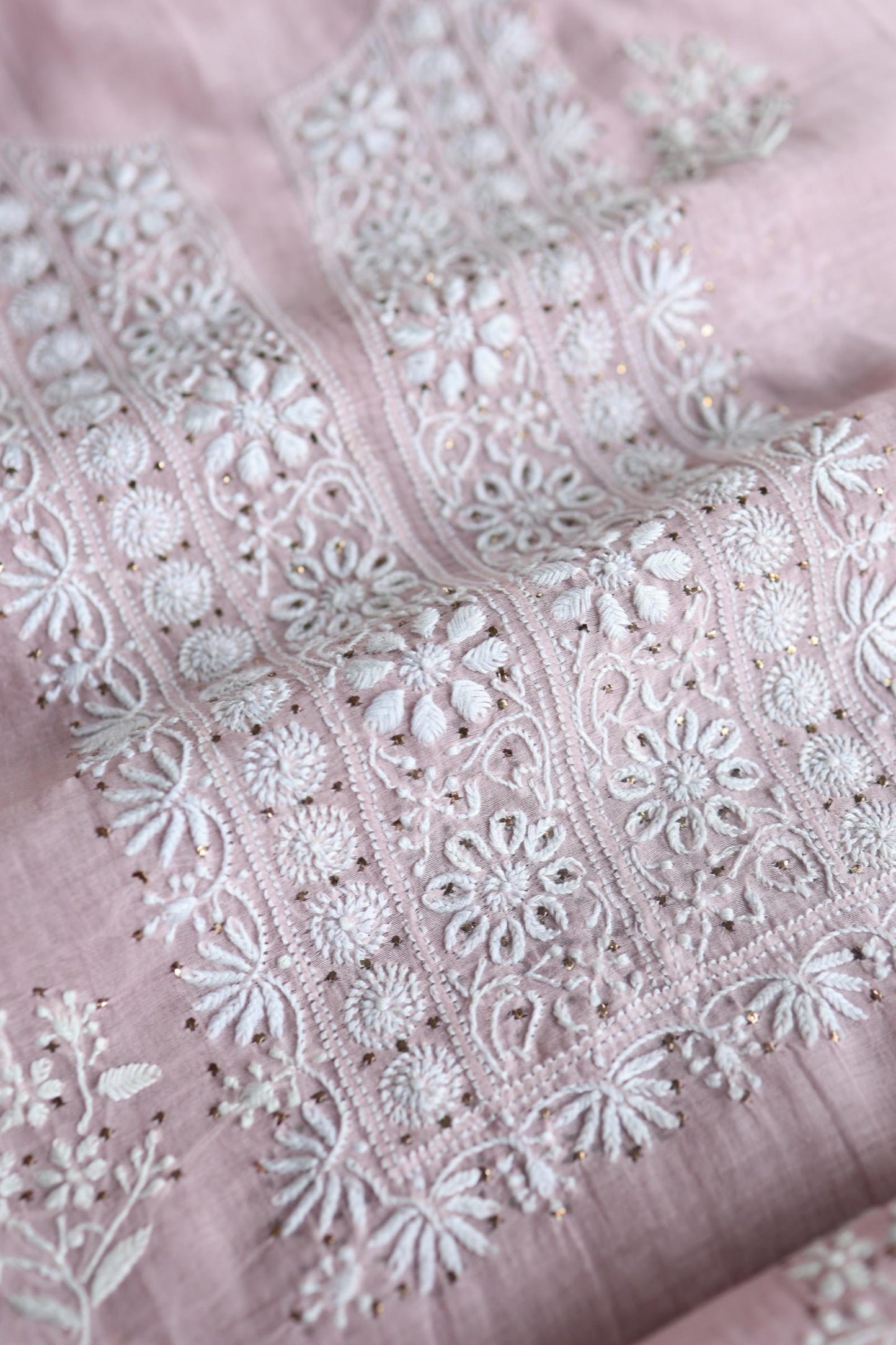 Baby Pink Mal Cotton Chikankari Unstitched Fabrics With Kamdani