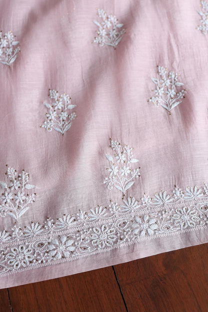 Baby Pink Mal Cotton Chikankari Unstitched Fabrics With Kamdani