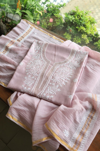Baby Pink Mal Cotton Chikankari Unstitched Kurta Dupatta Fabrics With Kamdani