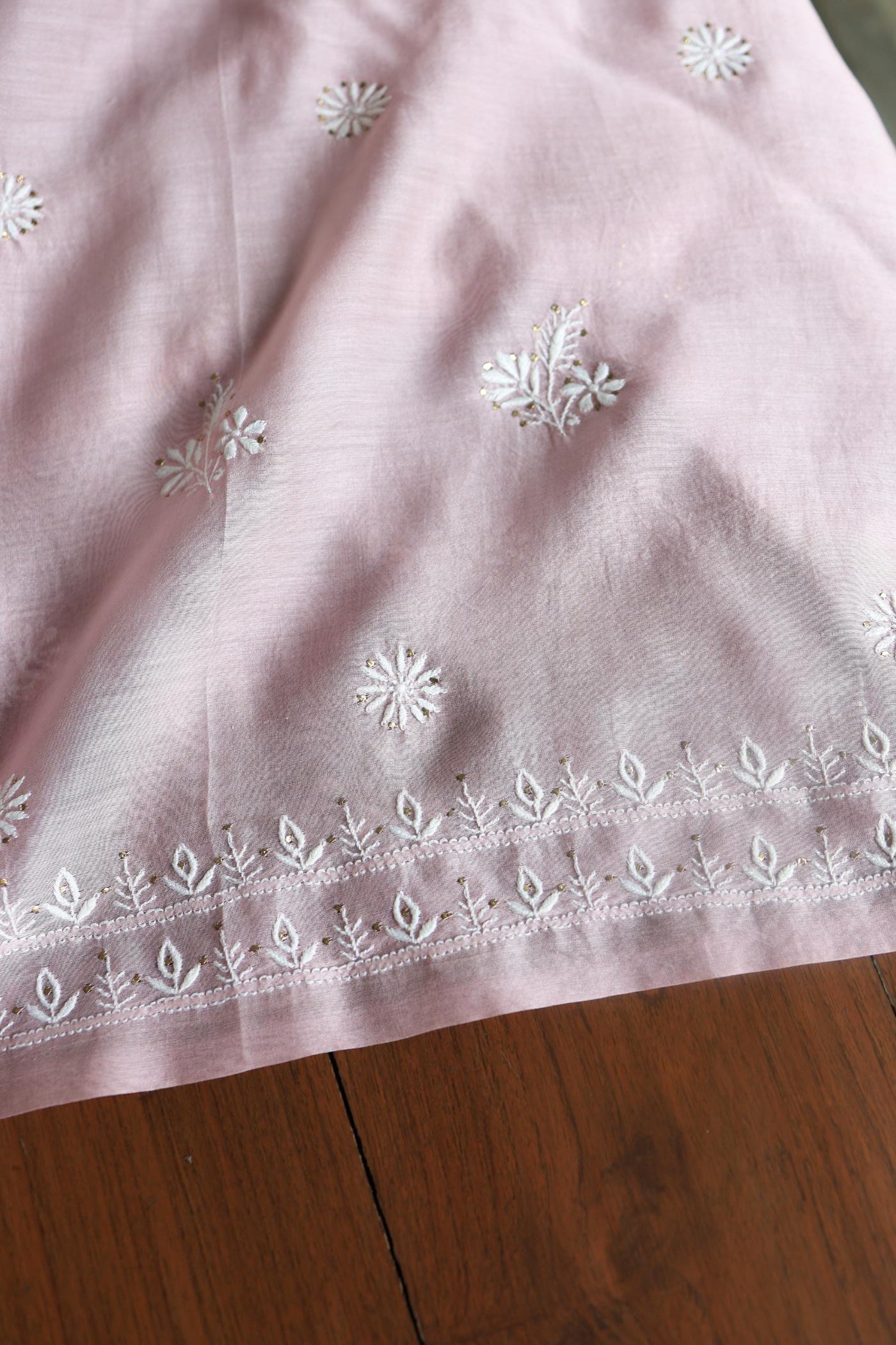 Baby Pink Mal Cotton Chikankari Unstitched Kurta Dupatta Fabrics With Kamdani