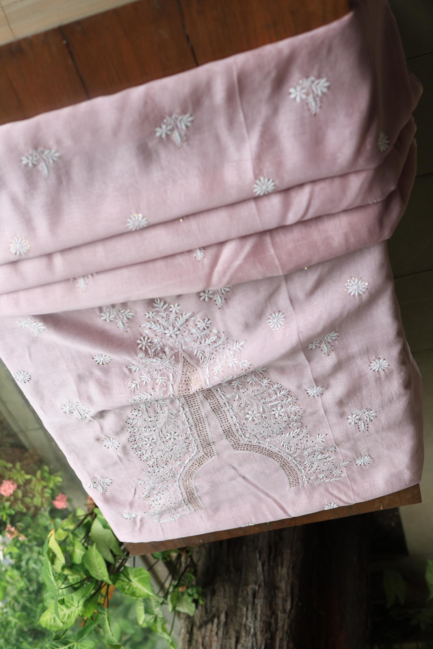Baby Pink Mal Cotton Chikankari Unstitched Kurta Dupatta Fabrics With Kamdani