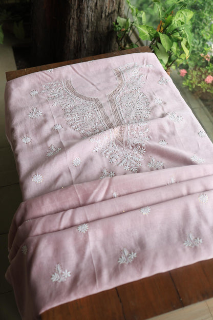 Baby Pink Mal Cotton Chikankari Unstitched Kurta Dupatta Fabrics With Kamdani
