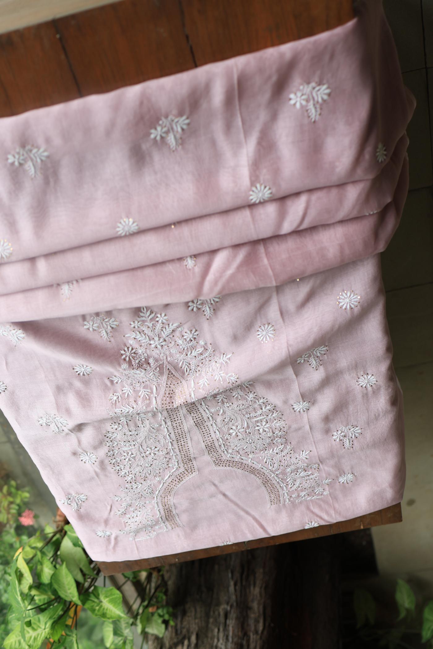 Baby Pink Mal Cotton Chikankari Unstitched Kurta Dupatta Fabrics With Kamdani