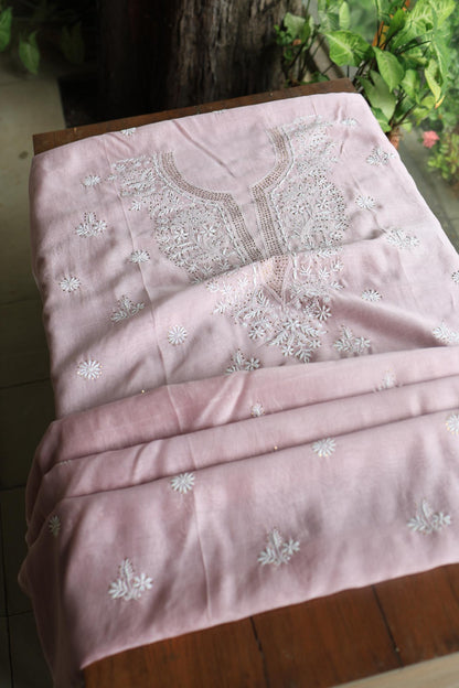 Baby Pink Mal Cotton Chikankari Unstitched Kurta Dupatta Fabrics With Kamdani