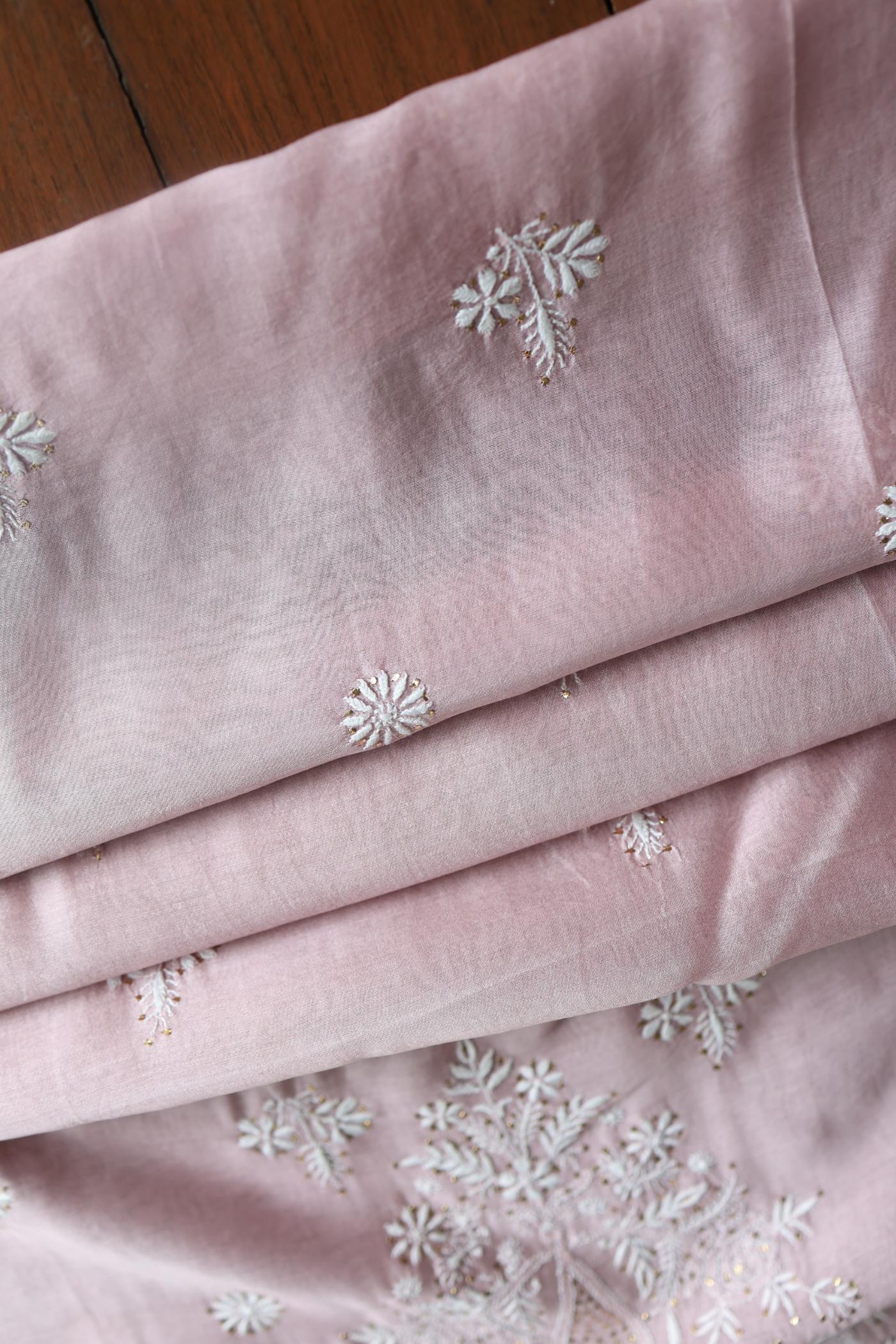 Baby Pink Mal Cotton Chikankari Unstitched Kurta Dupatta Fabrics With Kamdani