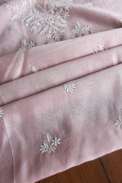 Baby Pink Mal Cotton Chikankari Unstitched Kurta Dupatta Fabrics With Kamdani