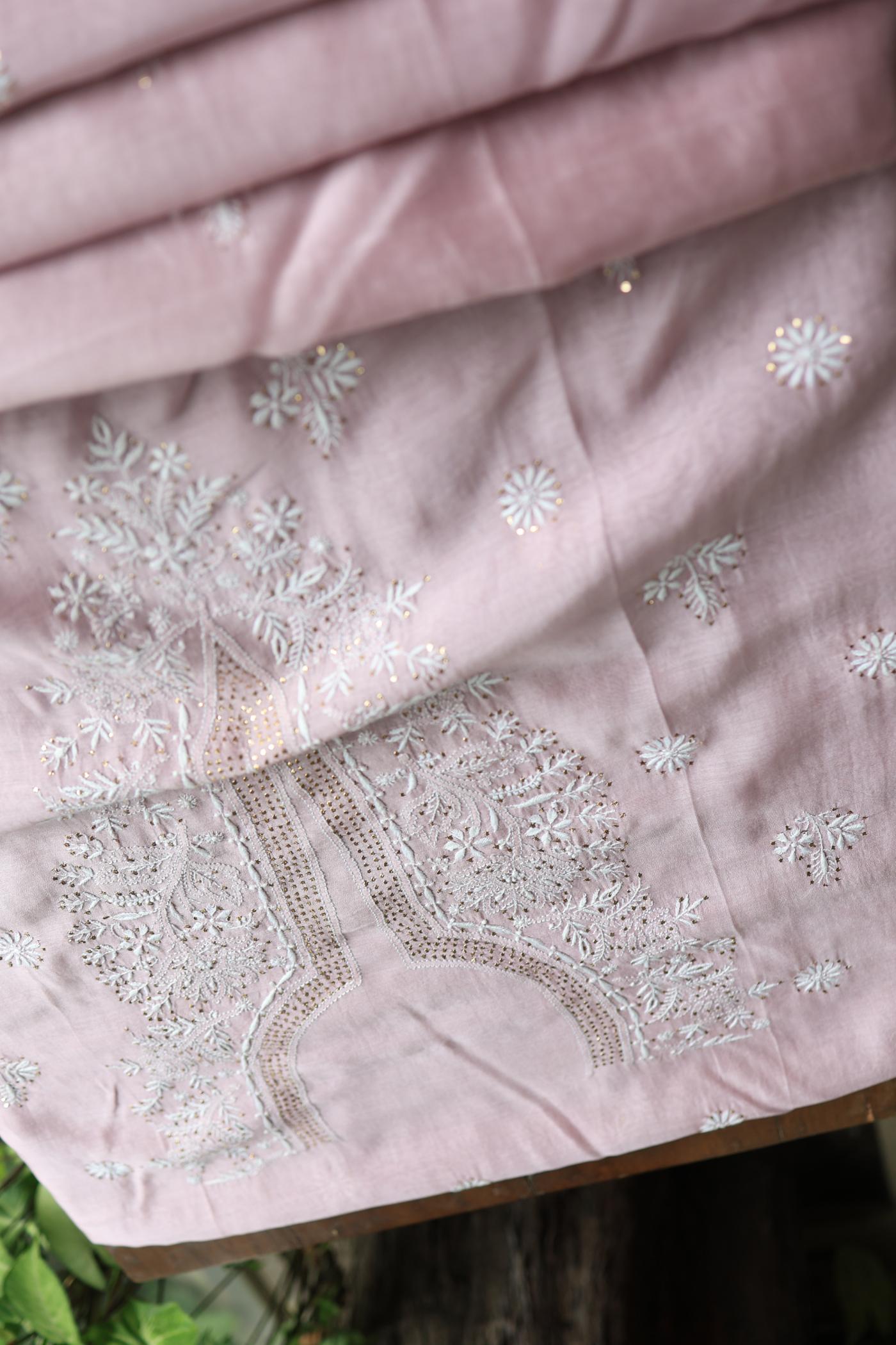 Baby Pink Mal Cotton Chikankari Unstitched Kurta Dupatta Fabrics With Kamdani