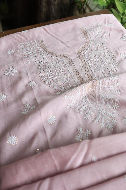 Baby Pink Mal Cotton Chikankari Unstitched Kurta Dupatta Fabrics With Kamdani