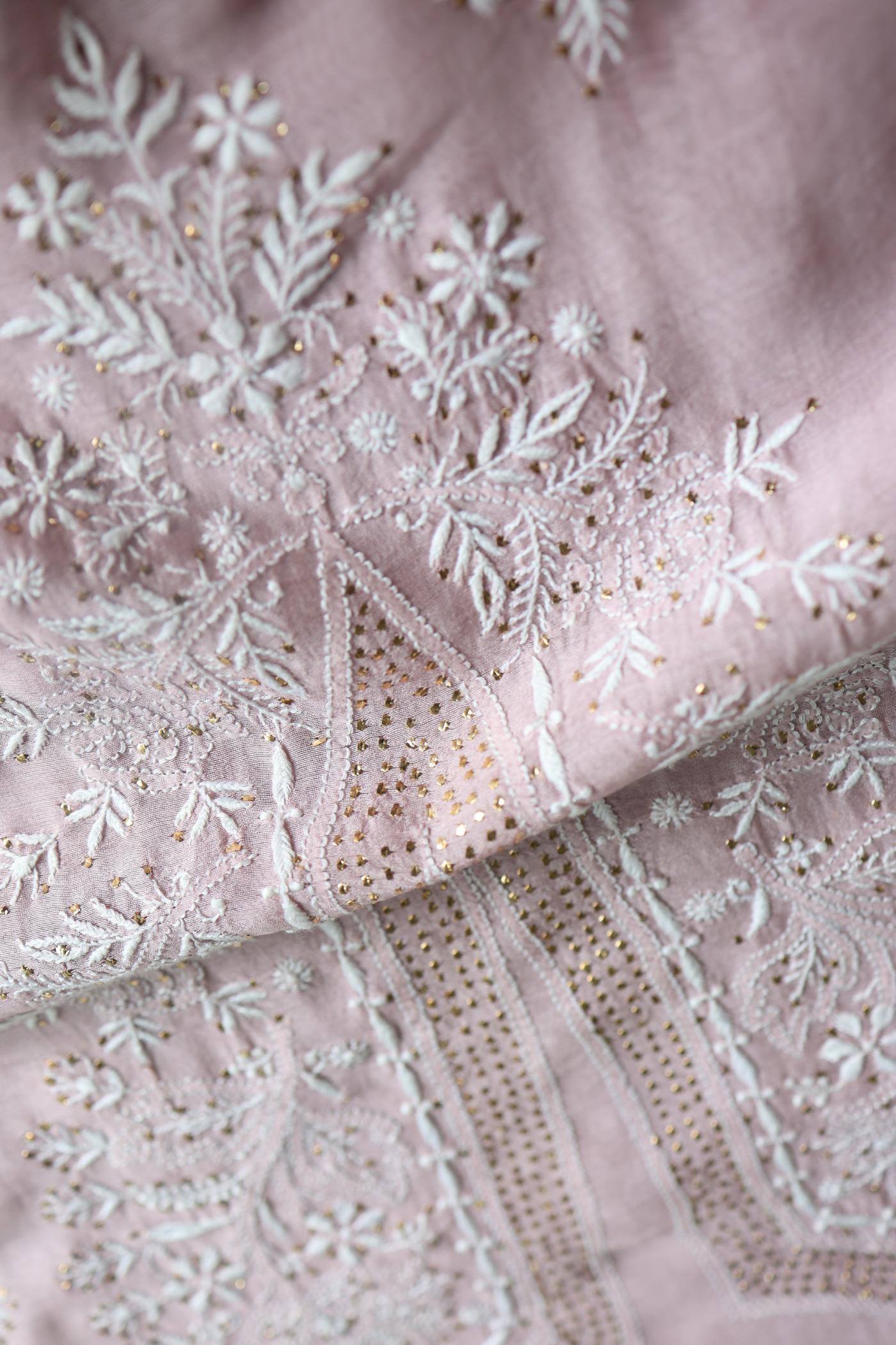 Baby Pink Mal Cotton Chikankari Unstitched Kurta Dupatta Fabrics With Kamdani