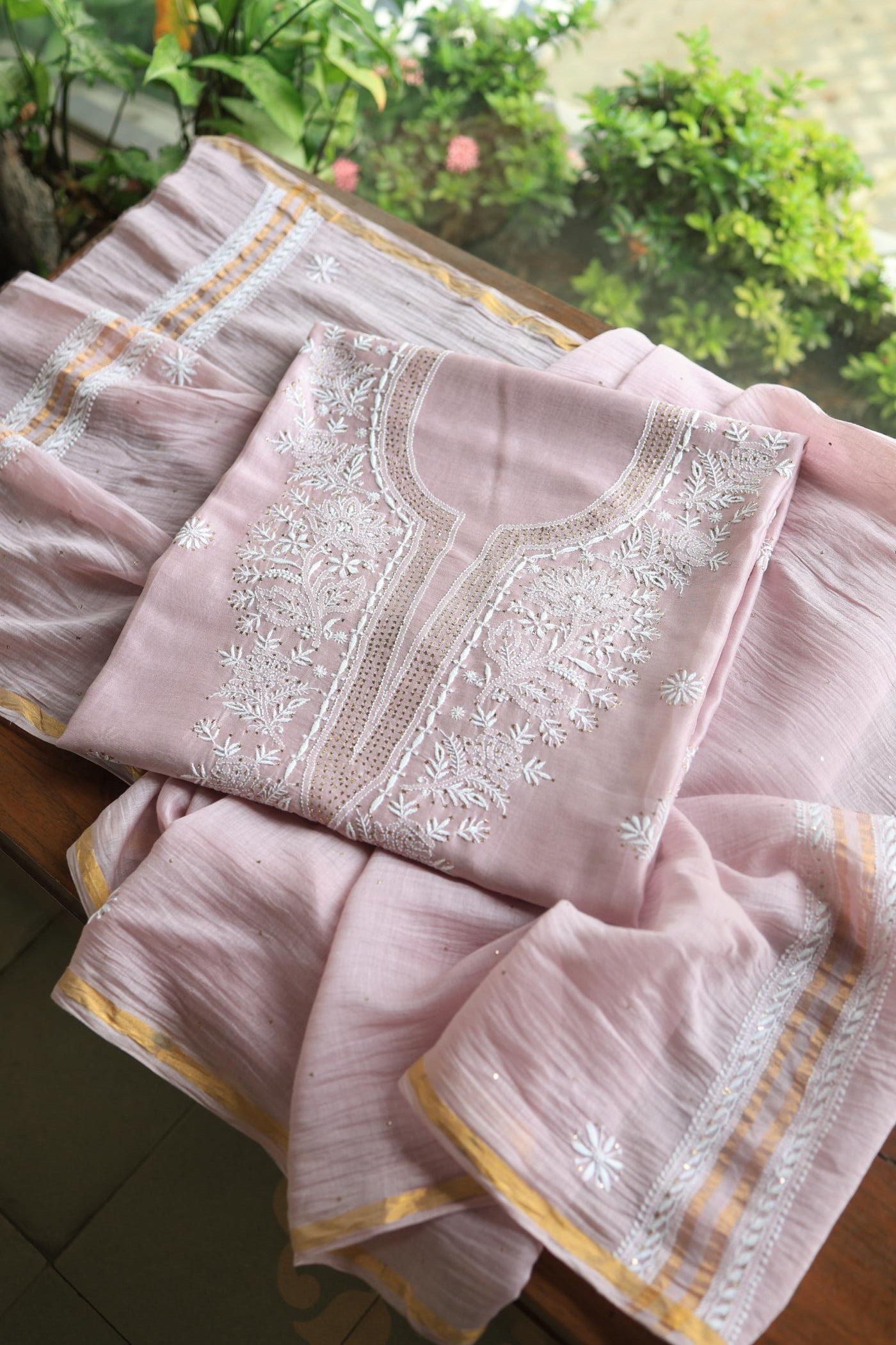Baby Pink Mal Cotton Chikankari Unstitched Kurta Dupatta Fabrics With Kamdani