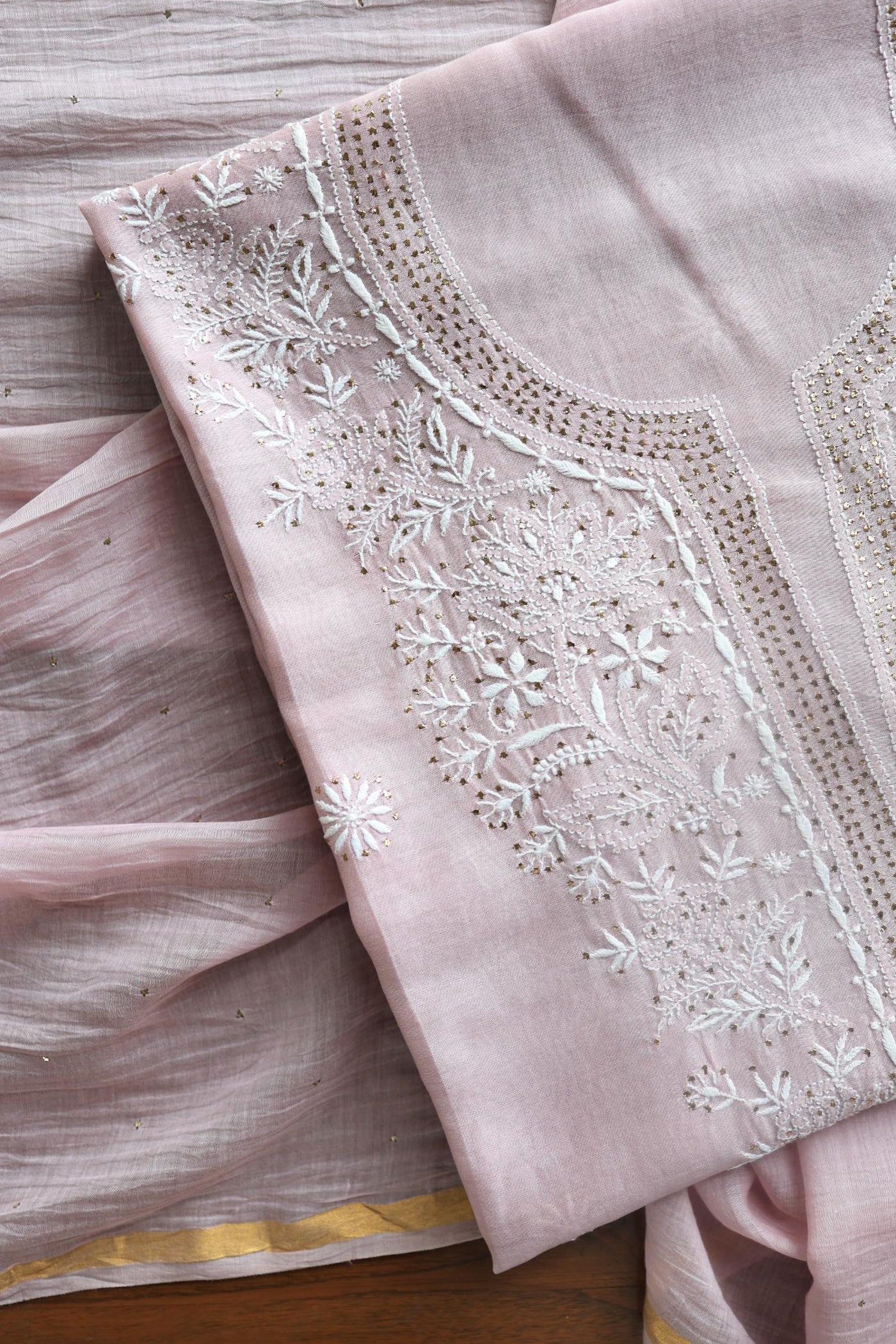 Baby Pink Mal Cotton Chikankari Unstitched Kurta Dupatta Fabrics With Kamdani