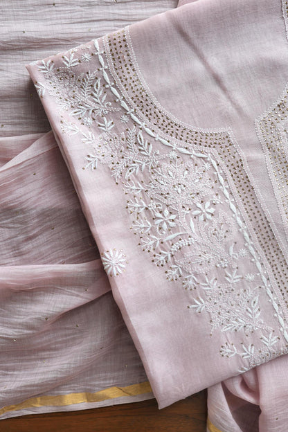 Baby Pink Mal Cotton Chikankari Unstitched Kurta Dupatta Fabrics With Kamdani