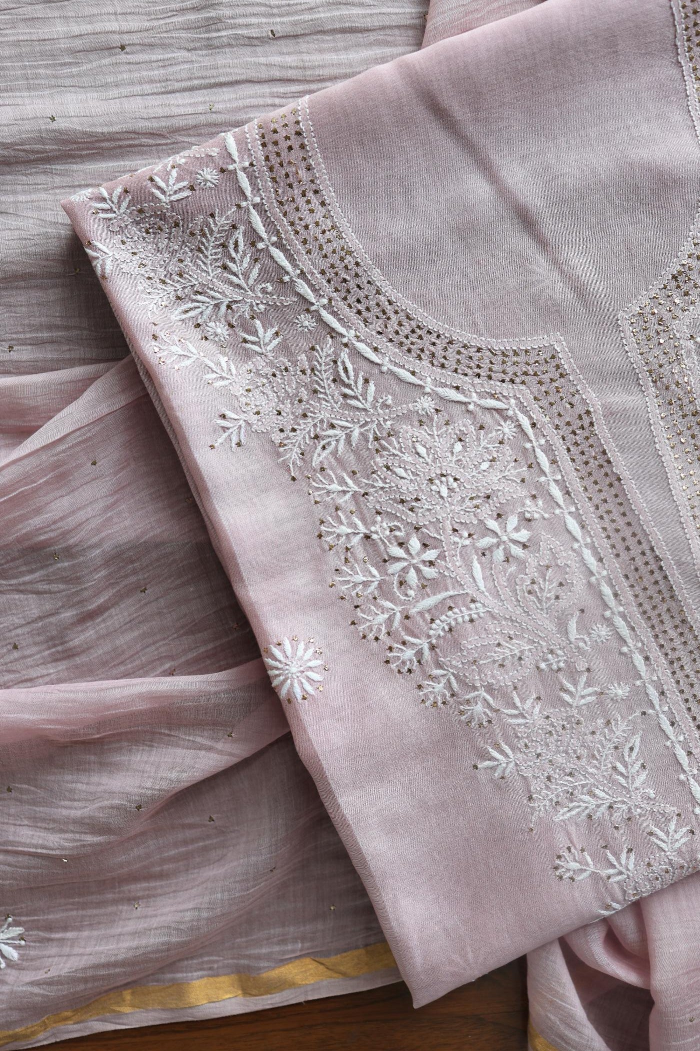 Baby Pink Mal Cotton Chikankari Unstitched Kurta Dupatta Fabrics With Kamdani
