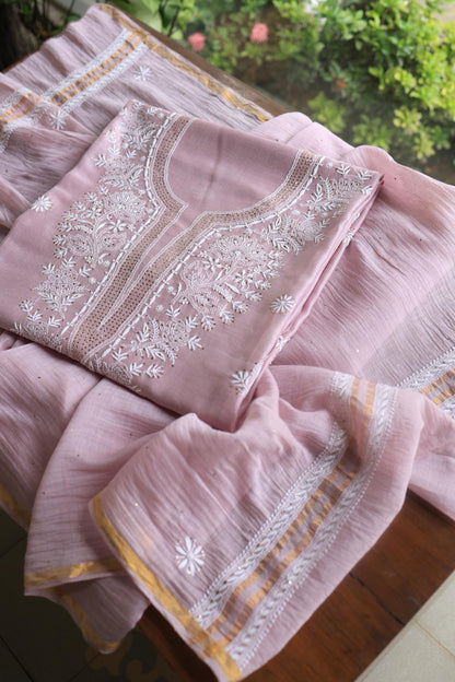 Baby Pink Mal Cotton Chikankari Unstitched Kurta Dupatta Fabrics With Kamdani