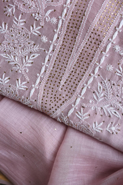 Baby Pink Mal Cotton Chikankari Unstitched Kurta Dupatta Fabrics With Kamdani