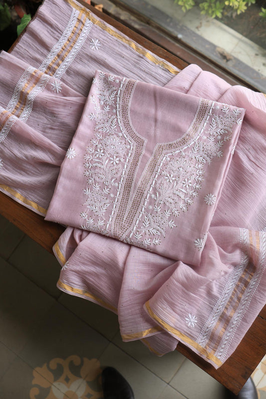 Baby Pink Mal Cotton Chikankari Unstitched Kurta Dupatta Fabrics With Kamdani