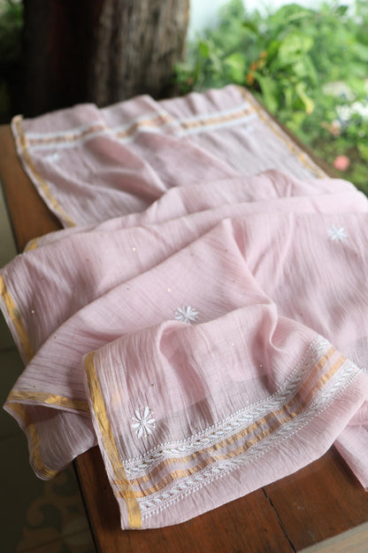Baby Pink Mal Cotton Chikankari Unstitched Kurta Dupatta Fabrics With Kamdani