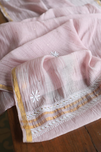 Baby Pink Mal Cotton Chikankari Unstitched Kurta Dupatta Fabrics With Kamdani