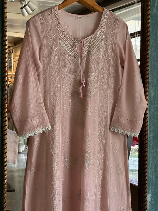 Baby Pink Malmal Mukaish Kamdani Chikankari Stitched Kurta Dupatta Set