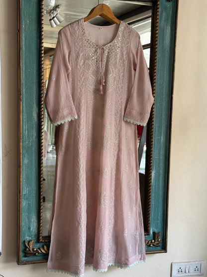 Baby Pink Malmal Mukaish Kamdani Chikankari Stitched Kurta Dupatta Set