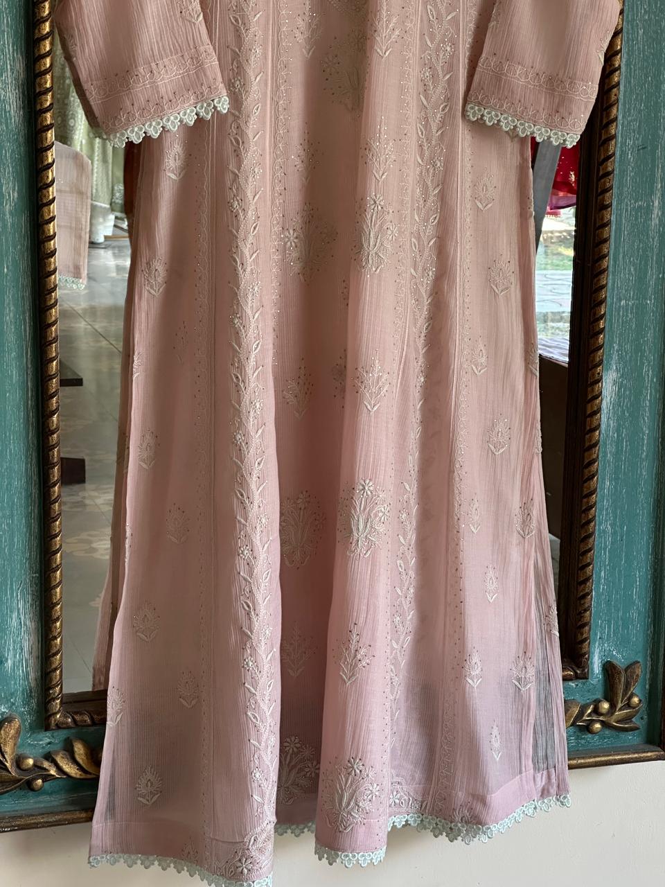 Baby Pink Malmal Mukaish Kamdani Chikankari Stitched Kurta Dupatta Set