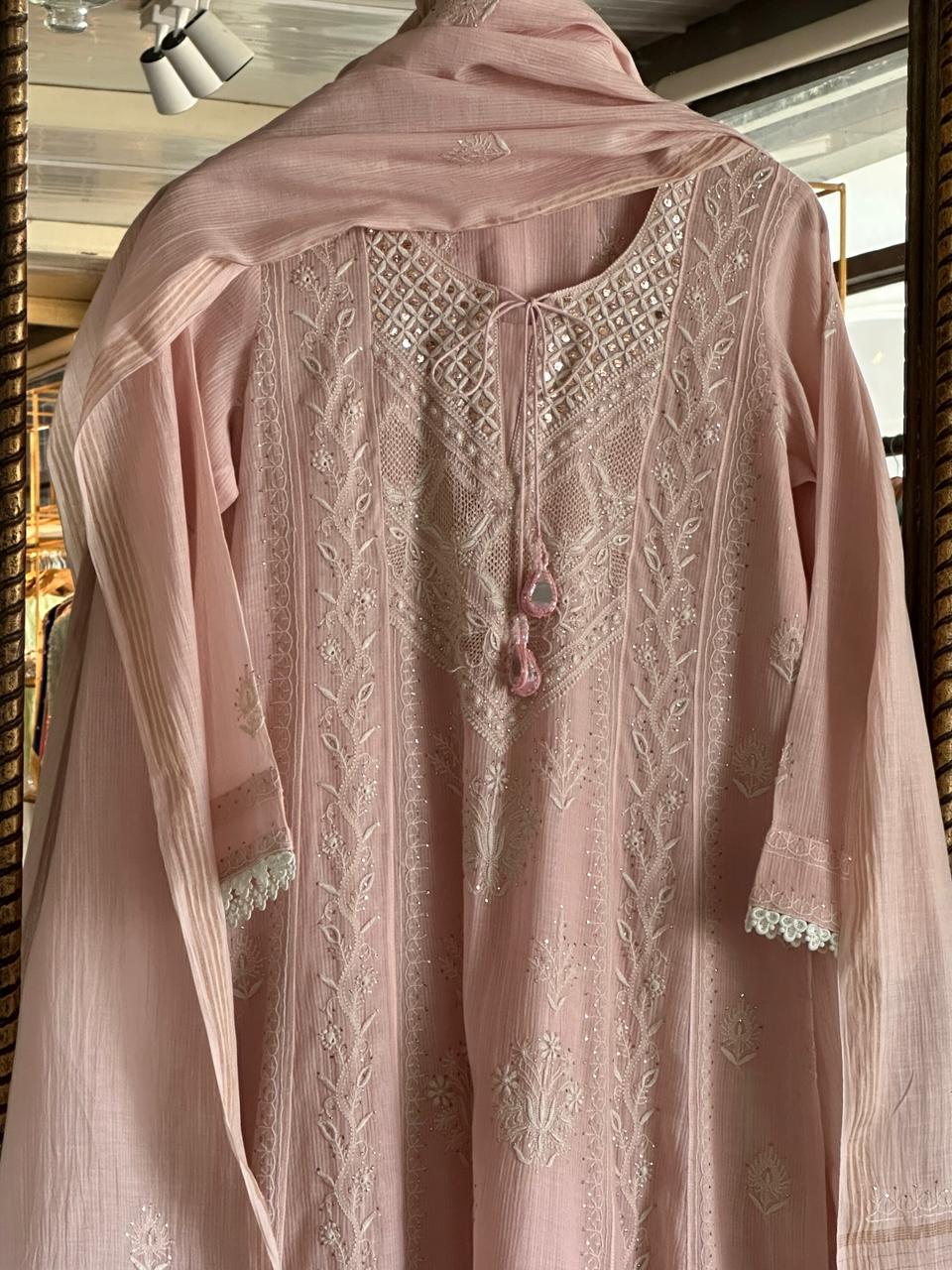 Baby Pink Malmal Mukaish Kamdani Chikankari Stitched Kurta Dupatta Set