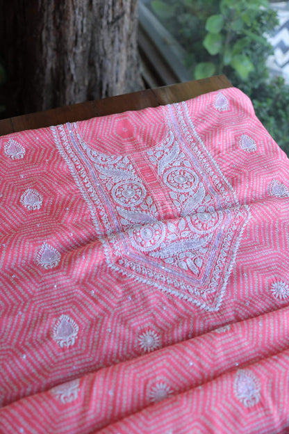 Baby Pink Muslin Chikankari Kurta Fabric