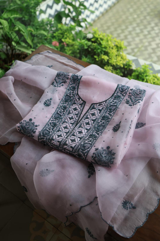 Baby Pink Noor Organza Silk Chikankari Unstitched Kurta Dupatta Set