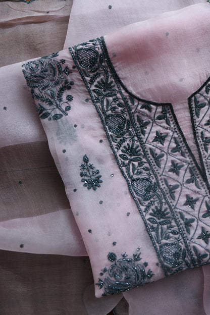 Baby Pink Noor Organza Silk Chikankari Unstitched Kurta Dupatta Set